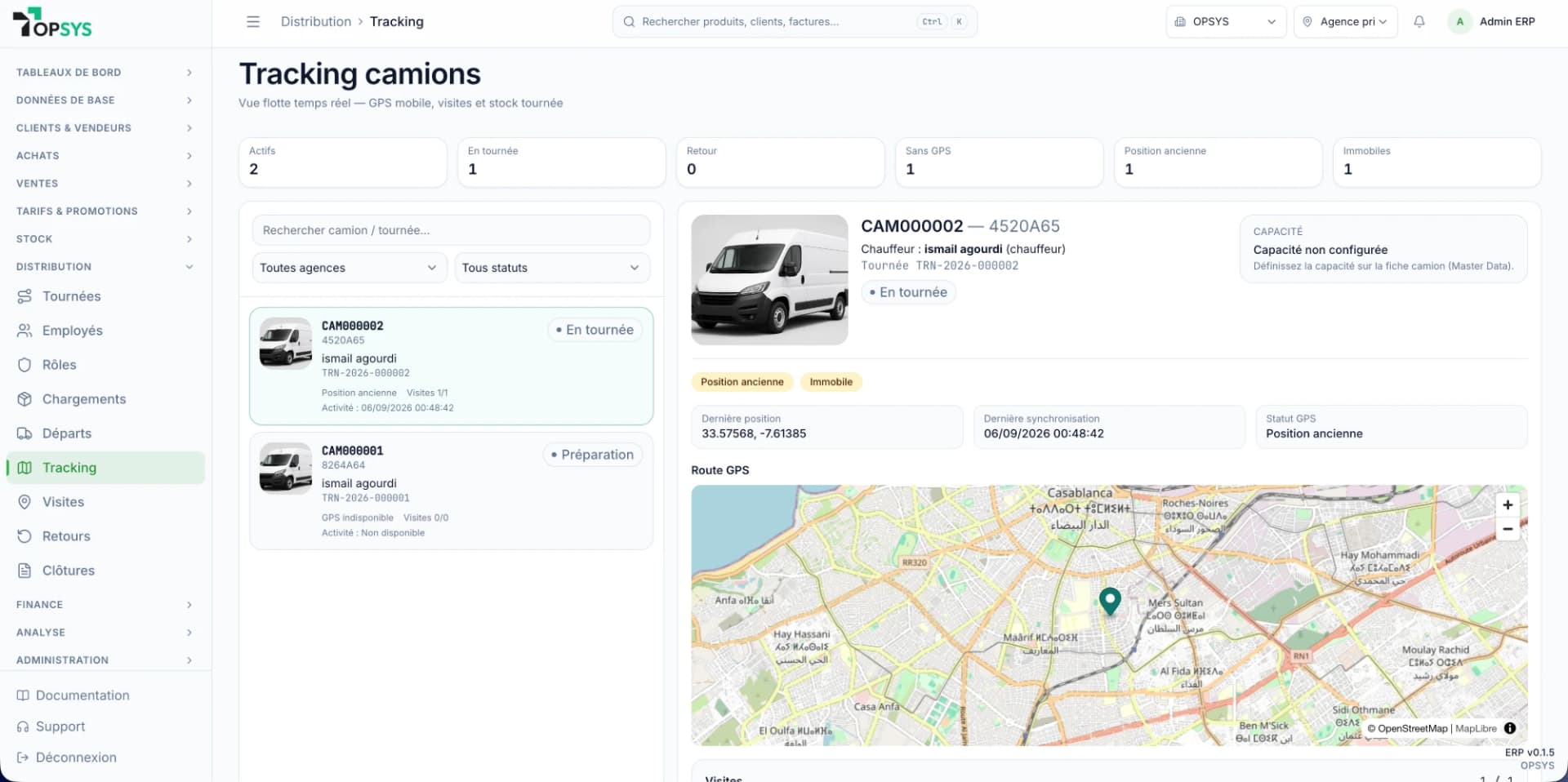 Écran Tracking camions TOPSYS Distribution : flotte, fiche camion et route GPS sur la carte
