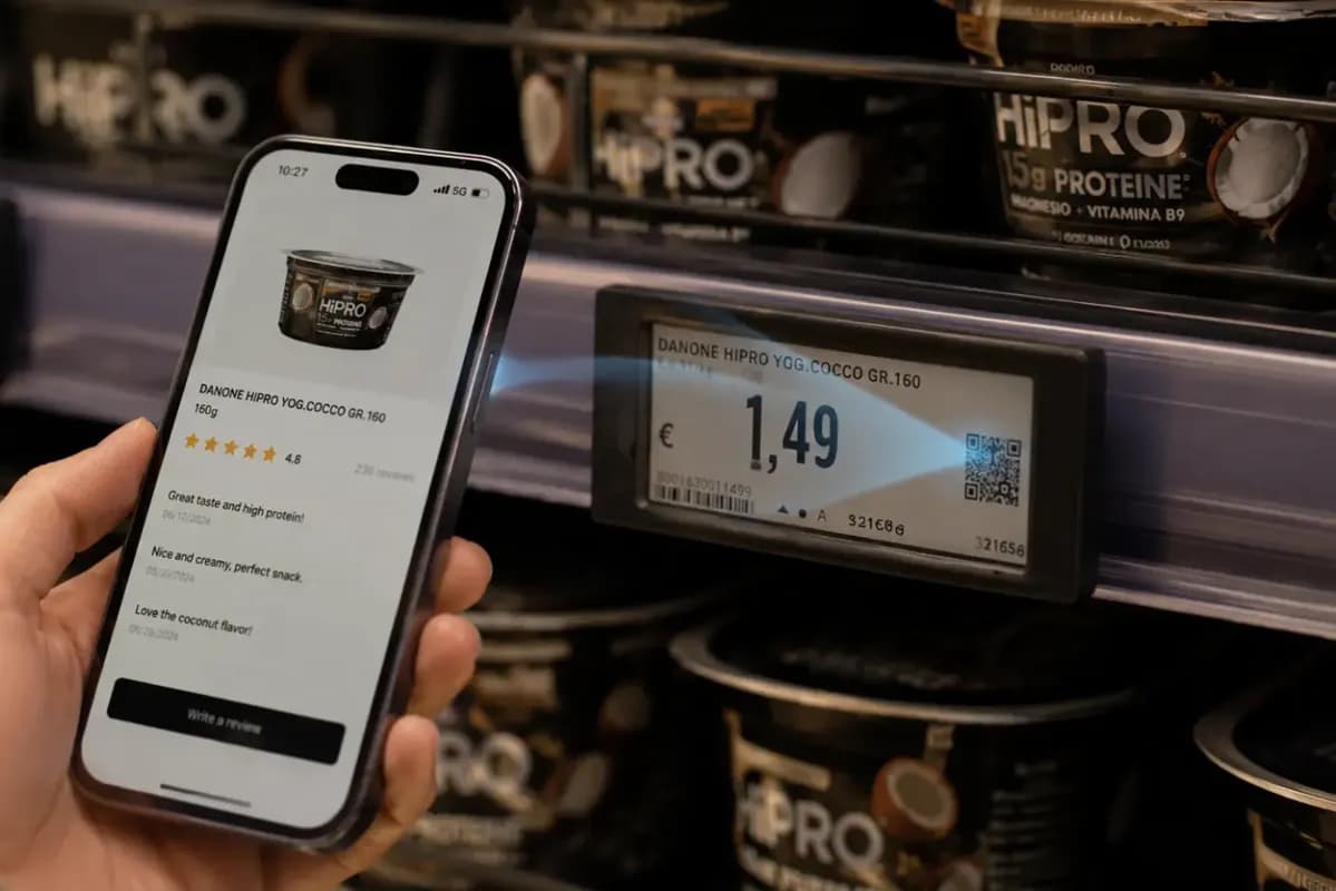 Client scannant le QR code d’une étiquette pour ouvrir la fiche produit et les avis