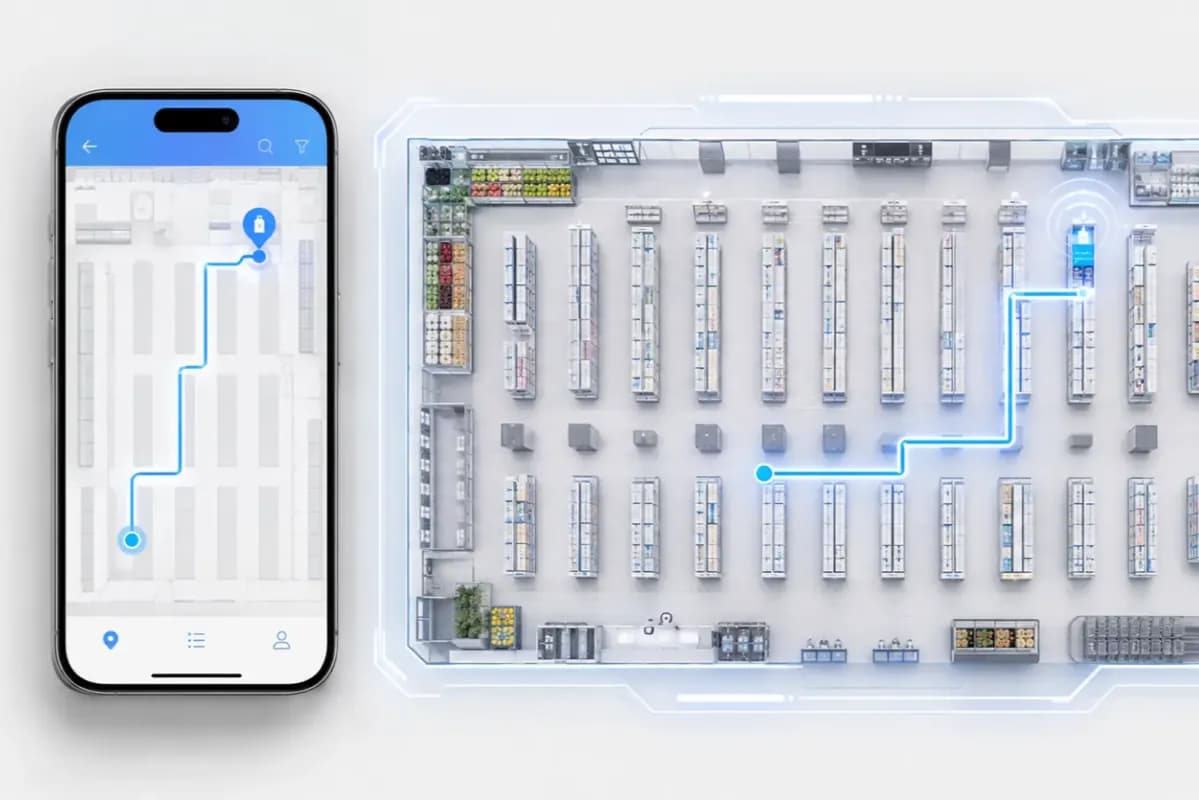 Plan de magasin sur téléphone avec l’itinéraire jusqu’au produit recherché