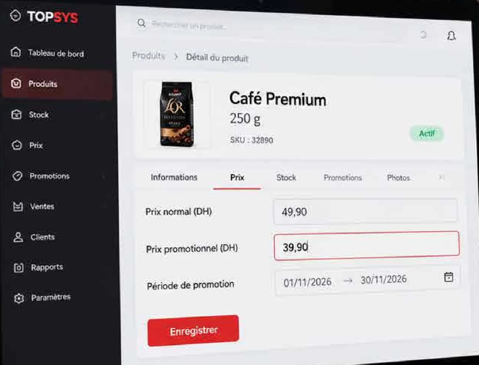 Fiche produit TOPSYS : prix normal, prix promotionnel et période de promotion avant synchronisation vers l’étiquette