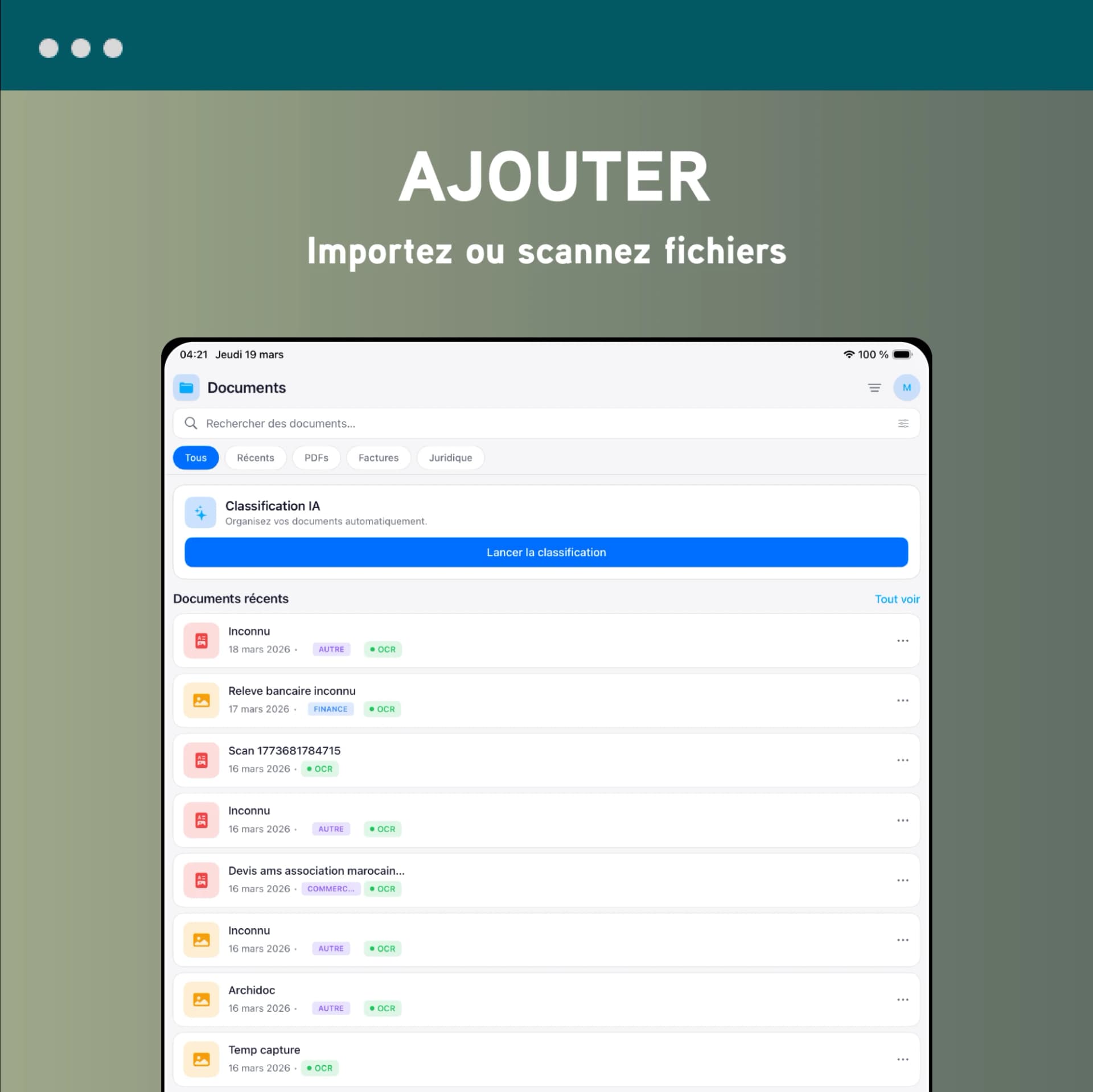 Application ArchiDoc : importer ou scanner des fichiers, classification IA et documents récents