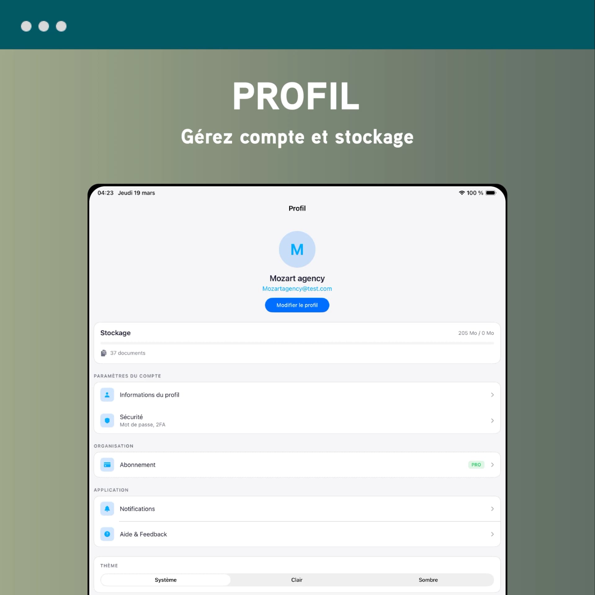 Application ArchiDoc : profil, stockage, sécurité et abonnement