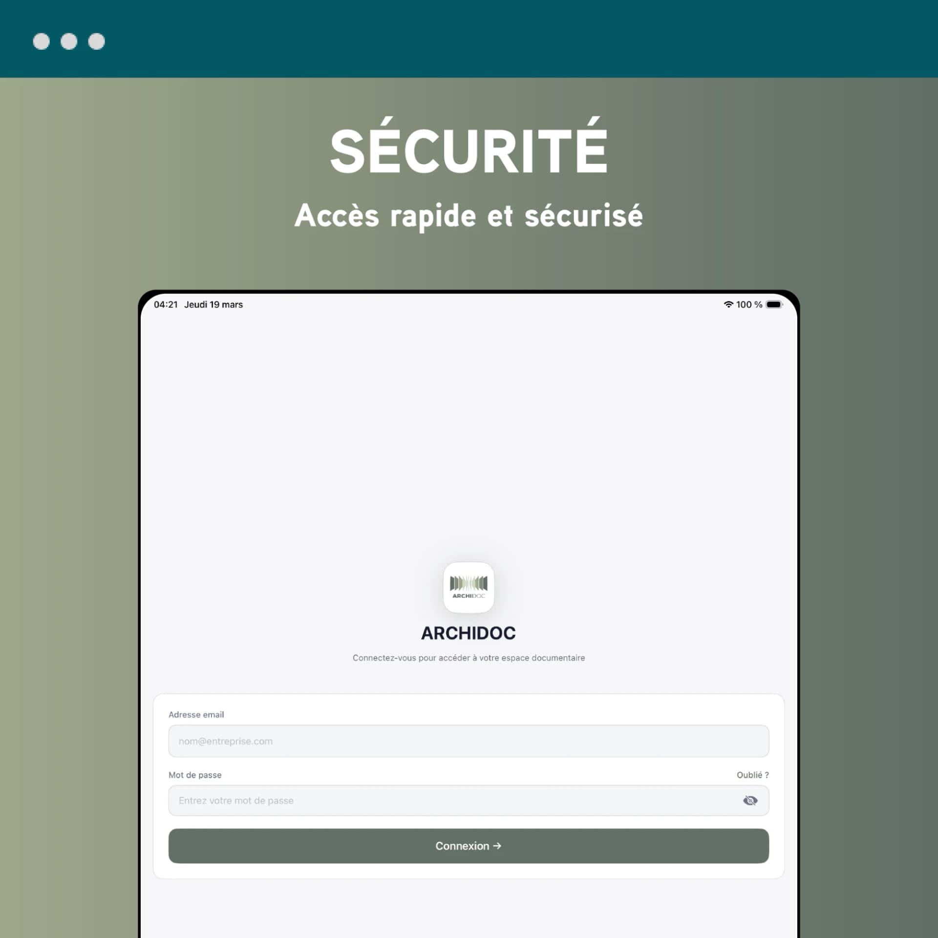 Application ArchiDoc : écran de connexion sécurisé