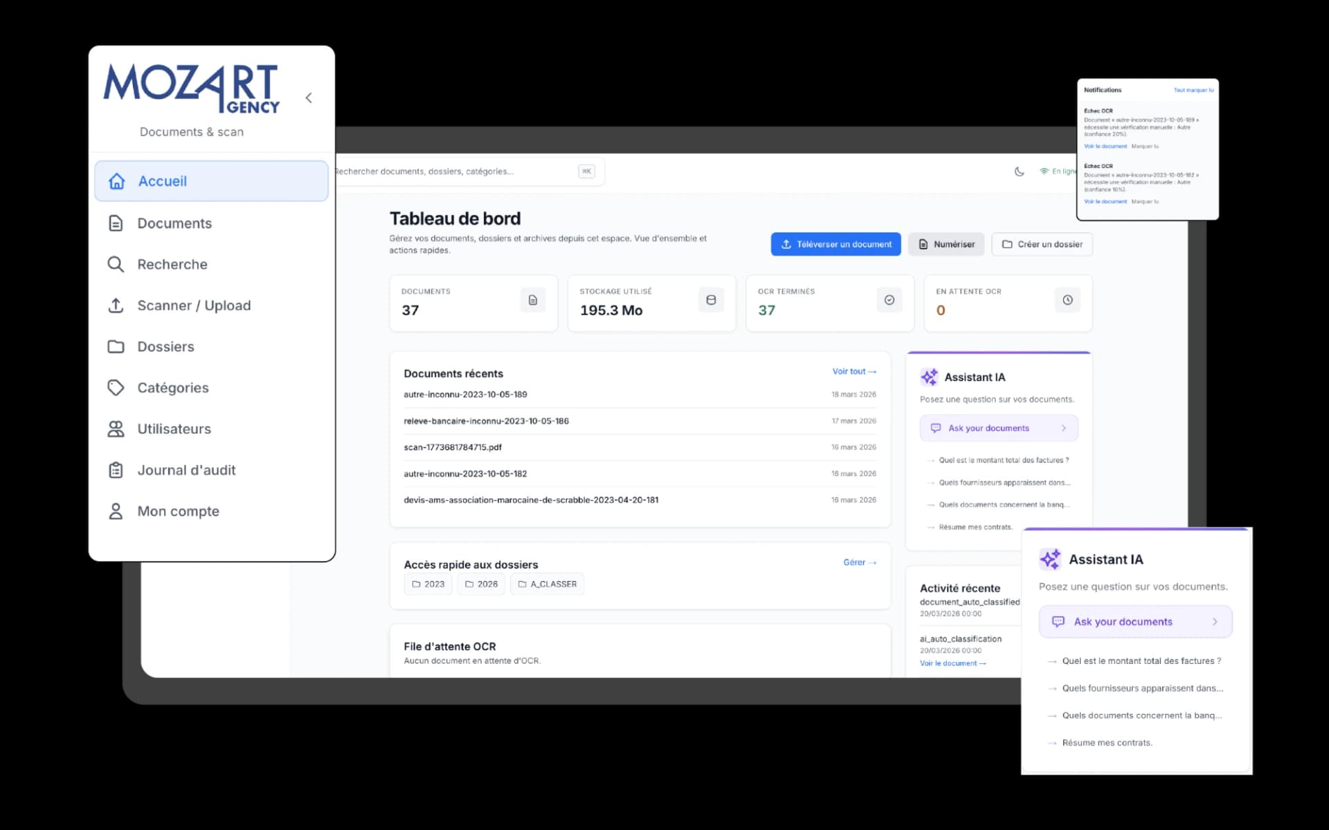 Plateforme ArchiDoc : tableau de bord, notifications OCR et assistant IA