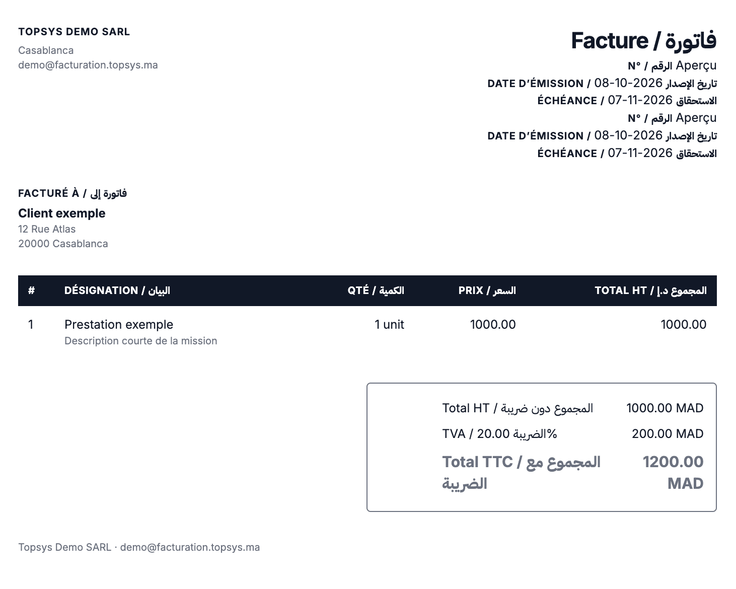 Modèle de facture PDF bilingue français et arabe TOPSYS Facturation