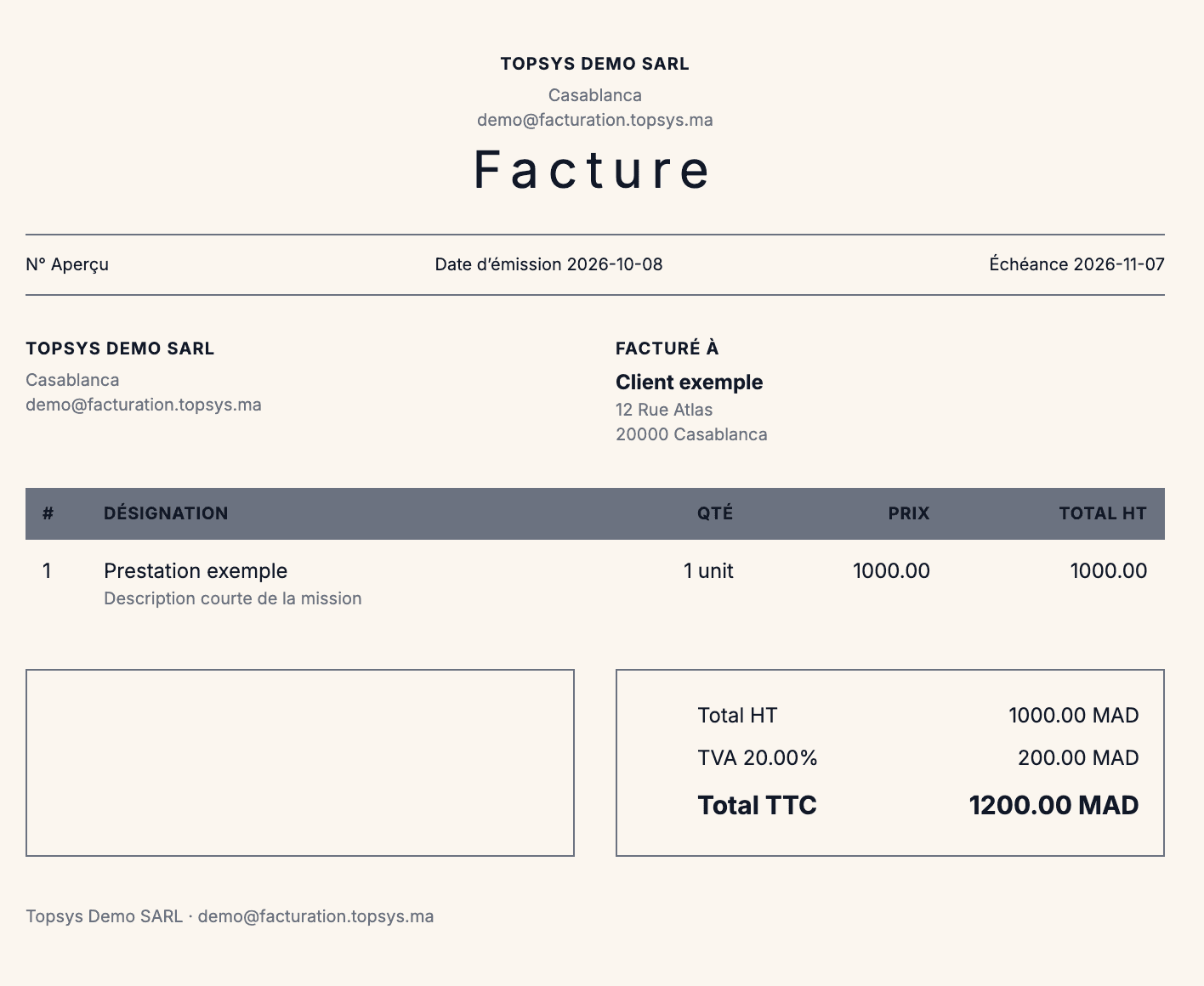 Modèle de facture PDF classique avec en-tête centré TOPSYS Facturation