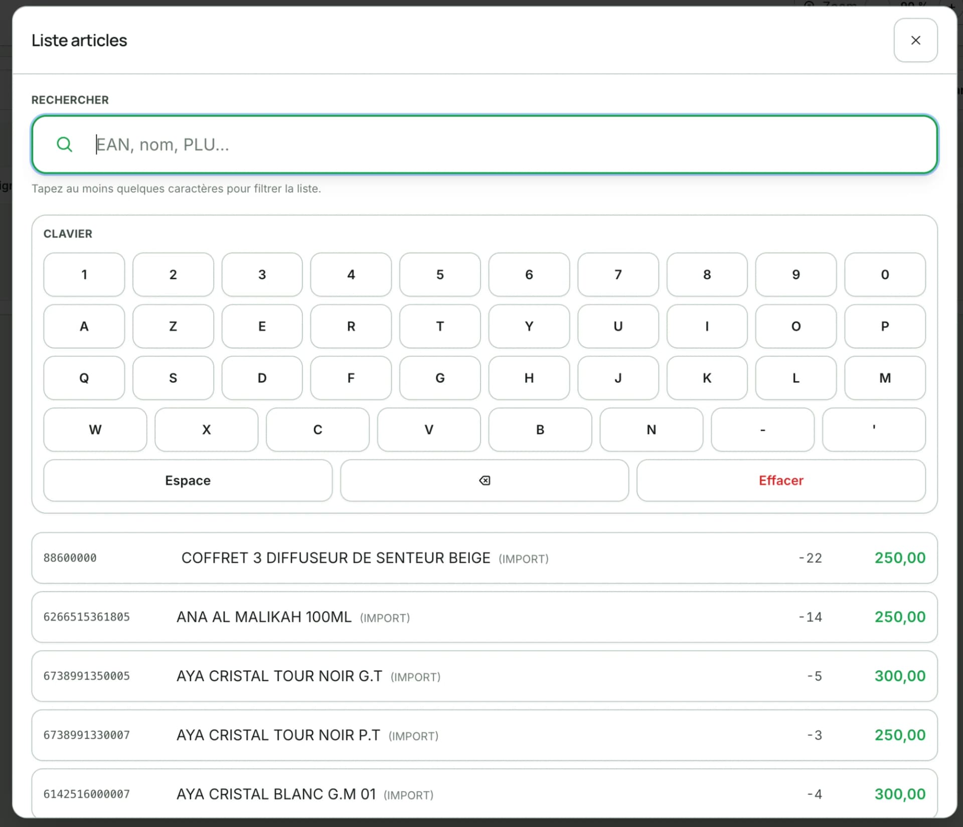 Recherche d’articles TOPSYS Market par EAN, nom ou PLU avec clavier tactile