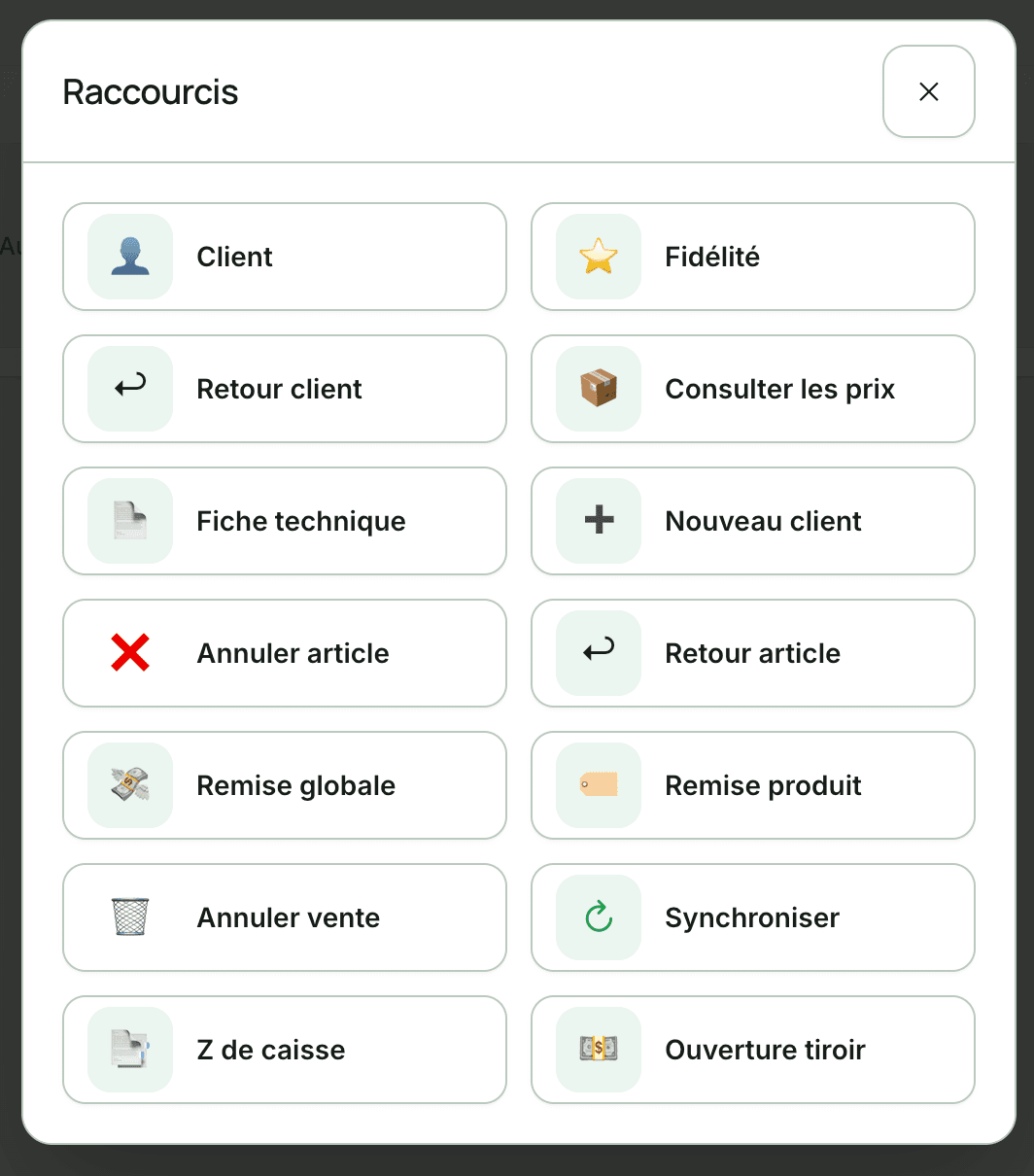 Raccourcis de caisse TOPSYS Market : client, fidélité, retours, remises, Z de caisse et ouverture tiroir