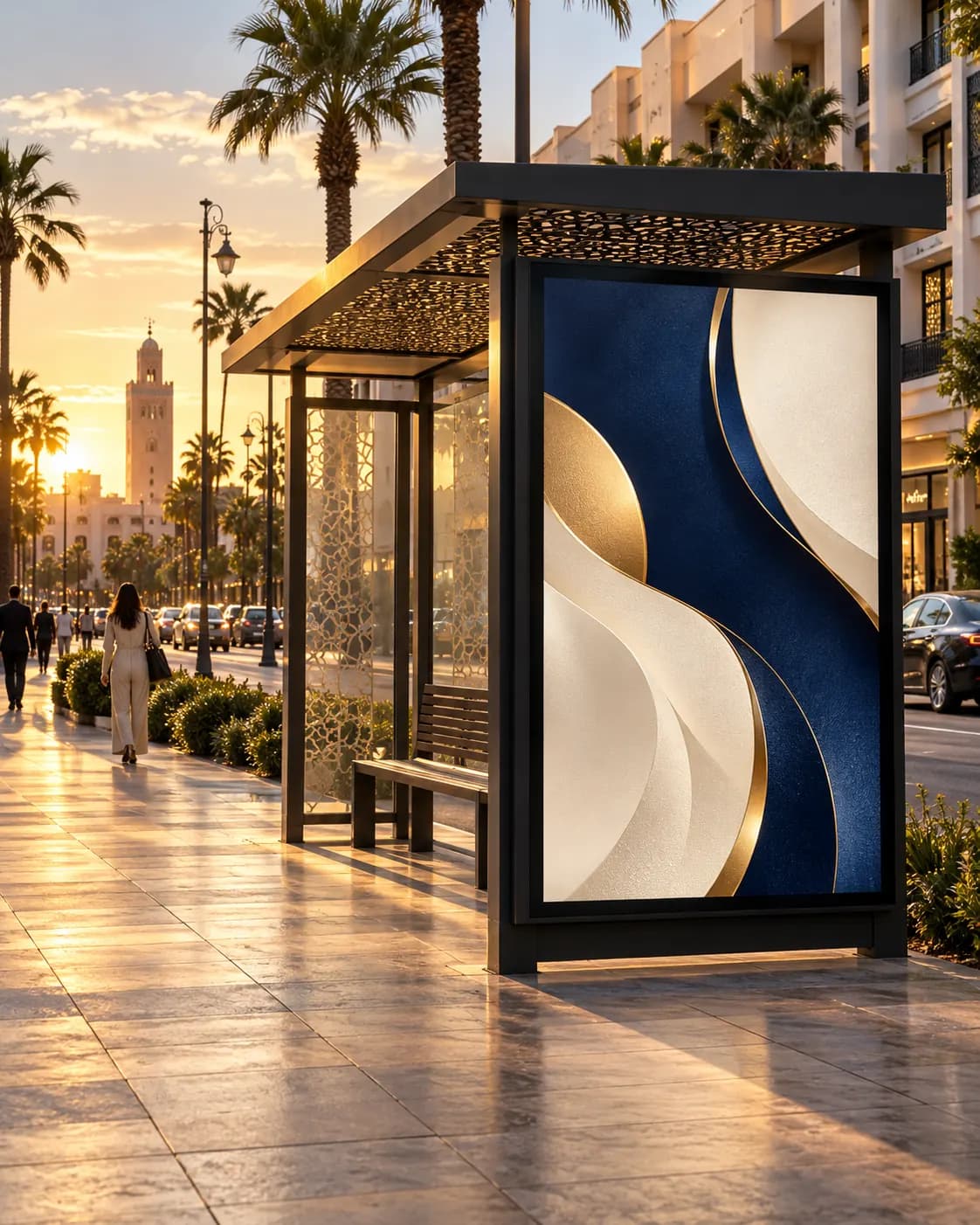 Abribus avec affiche publicitaire au coucher du soleil