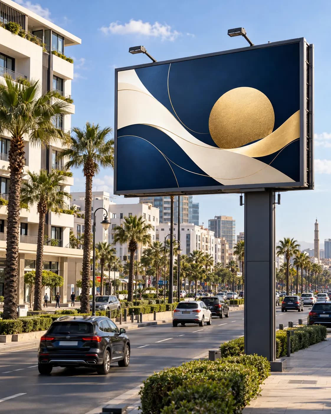 Panneau publicitaire classique sur un boulevard bordé de palmiers