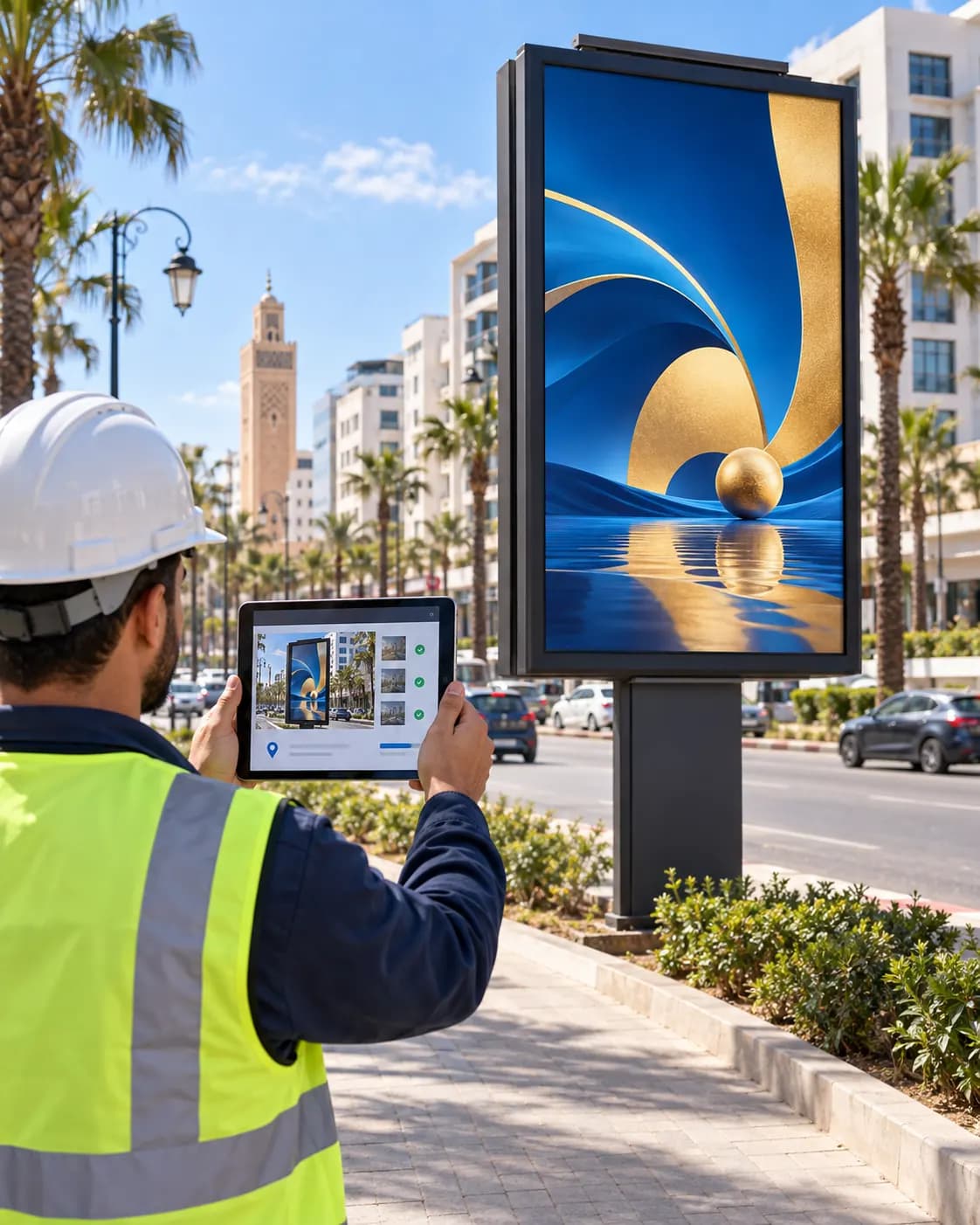 Technicien contrôlant l’installation d’un panneau publicitaire sur une tablette