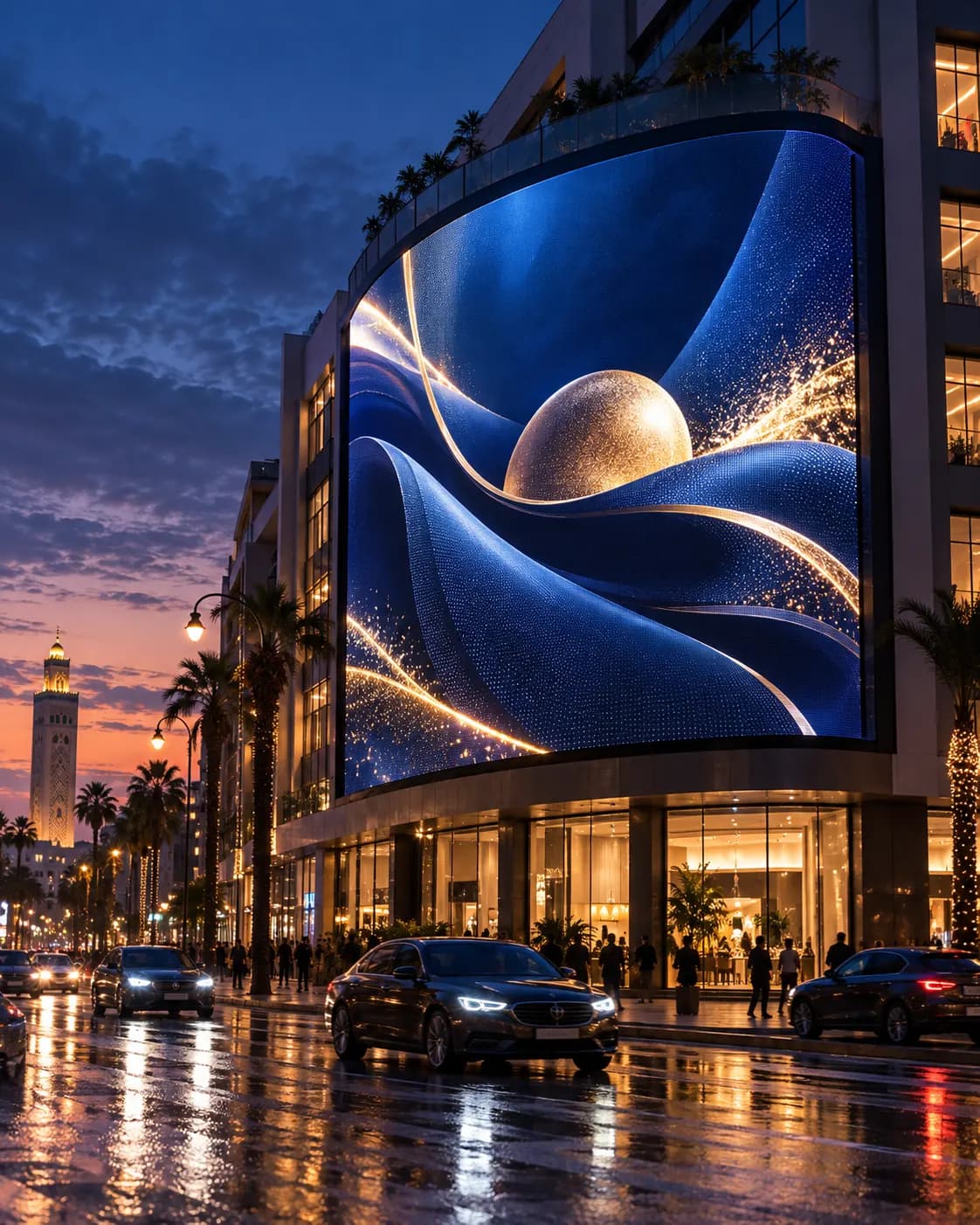 Grand écran LED publicitaire sur une façade au crépuscule