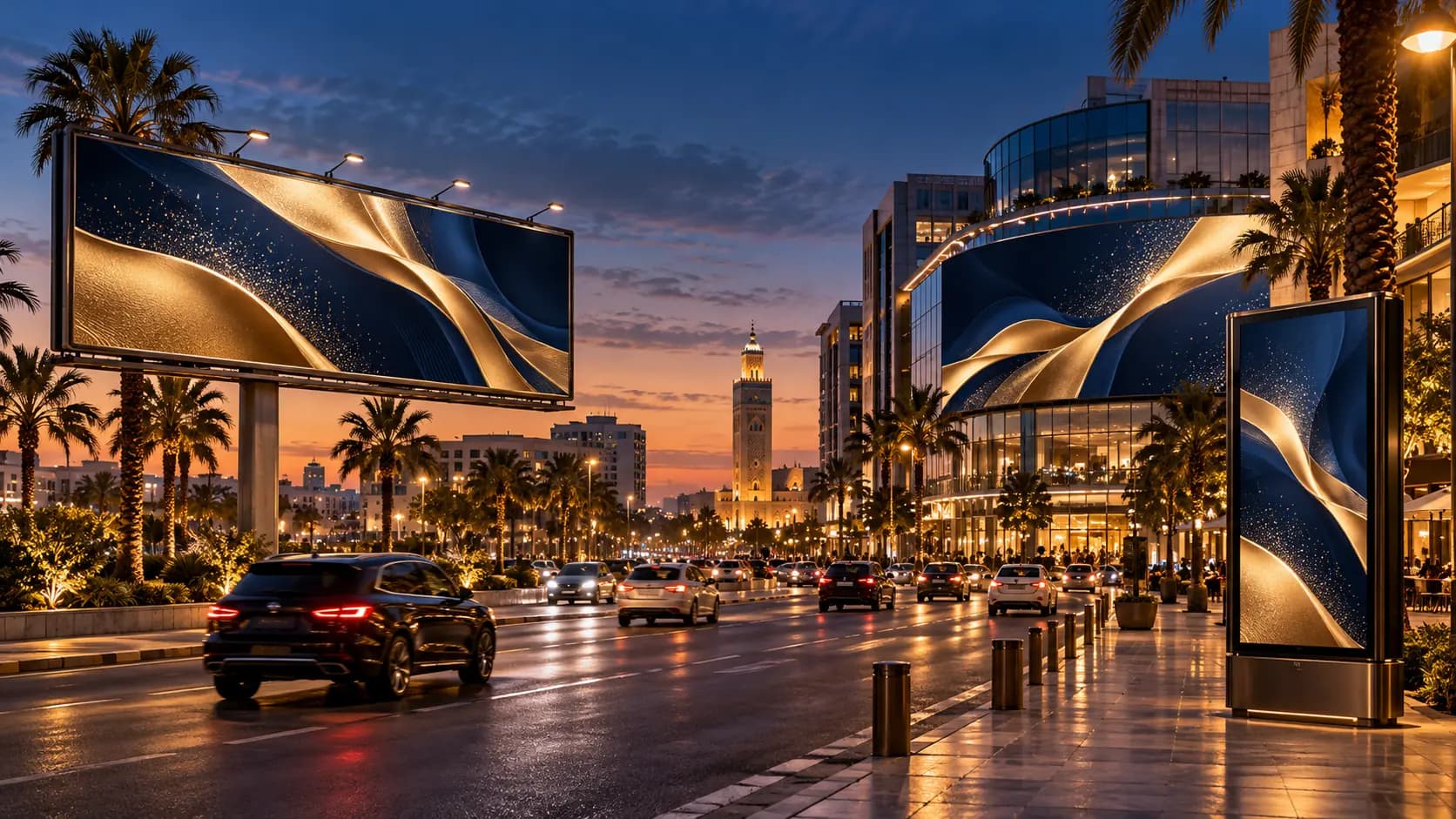 Boulevard marocain avec plusieurs supports publicitaires lumineux