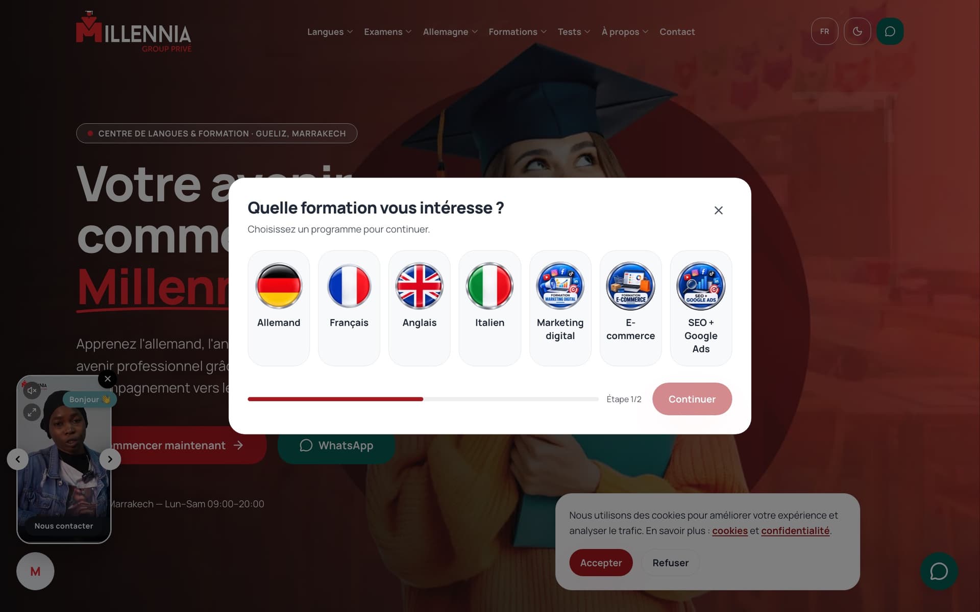 Site Millennia : question « Quelle formation vous intéresse ? », vidéo d’accueil et bouton WhatsApp