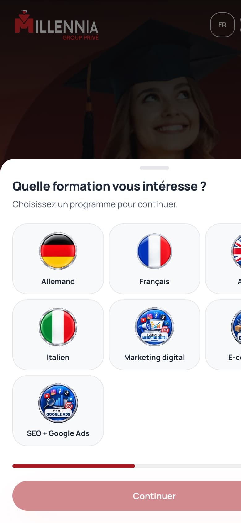 Version mobile : choix de la formation en deux étapes